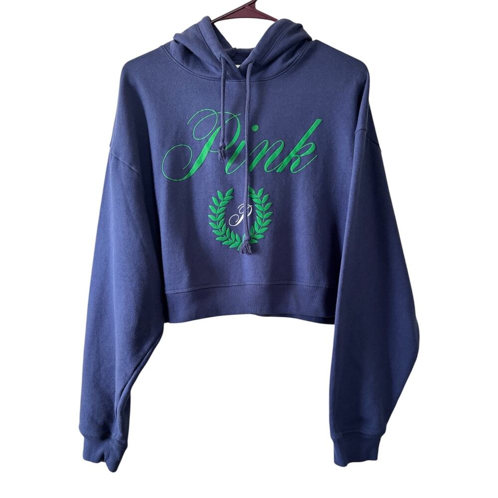 Victoria's Secret Pink Navy Blue Fleece Classic Cropped Hoodie Sweatshirt Large